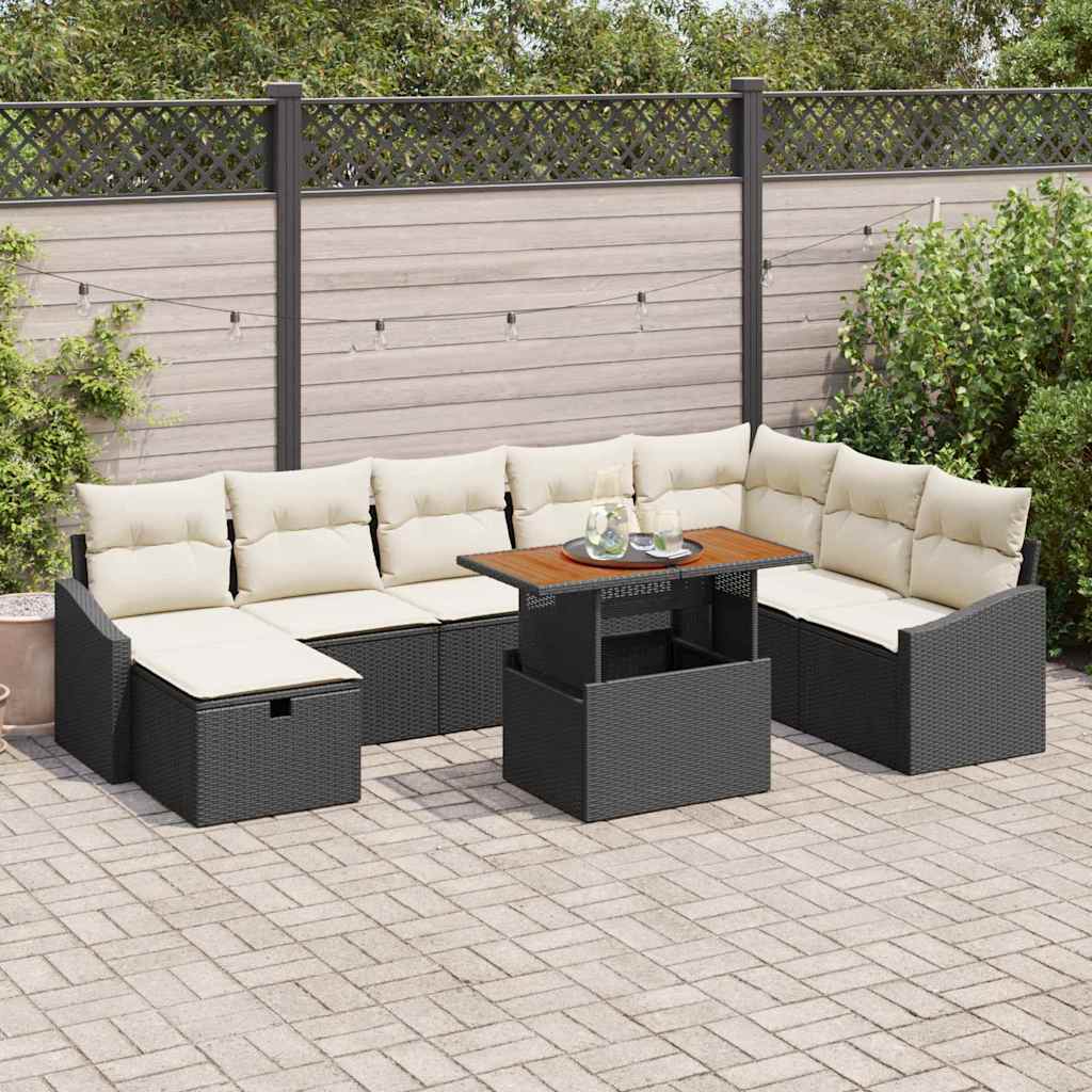 Garten-Sofa-Set mit Kissen 9 pcs Schwarz Poly Rattan